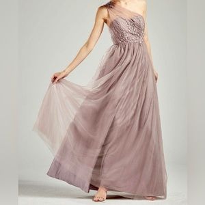 Renzrags dusty mauve one shoulder a-line gown with floral appliqué